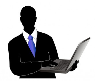 illustration man in suit holding computer