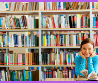 woman with book in front of book shelves