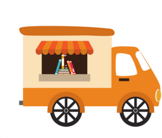 illustration of food truck type vehicle with books in window