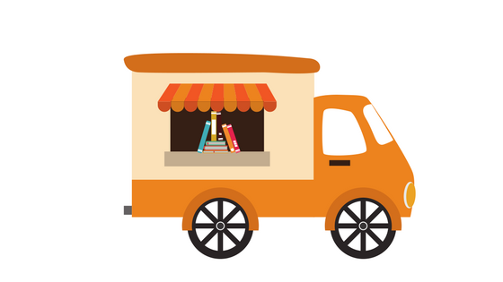 illustration of food truck type vehicle with books in window