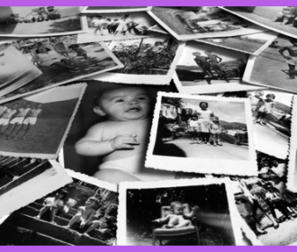 a group of black and white snapshots on a purple background