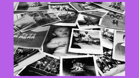 a group of black and white snapshots on a purple background