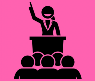 illustration of a woman at a podium speaking to a group