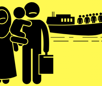 Illustration of two people holding a baby and suitcases with a boat filled with people in background