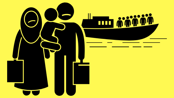 Illustration of two people holding a baby and suitcases with a boat filled with people in background