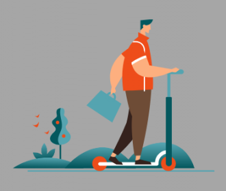 illustration of man on a stand-up scooter with a briefcase stylized trees and hills in background