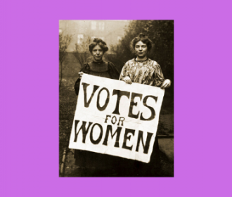 Annie Kenney and Christable Pankhurst of the Women's Social and Political Union holding a Votes for Women sign circa 1903