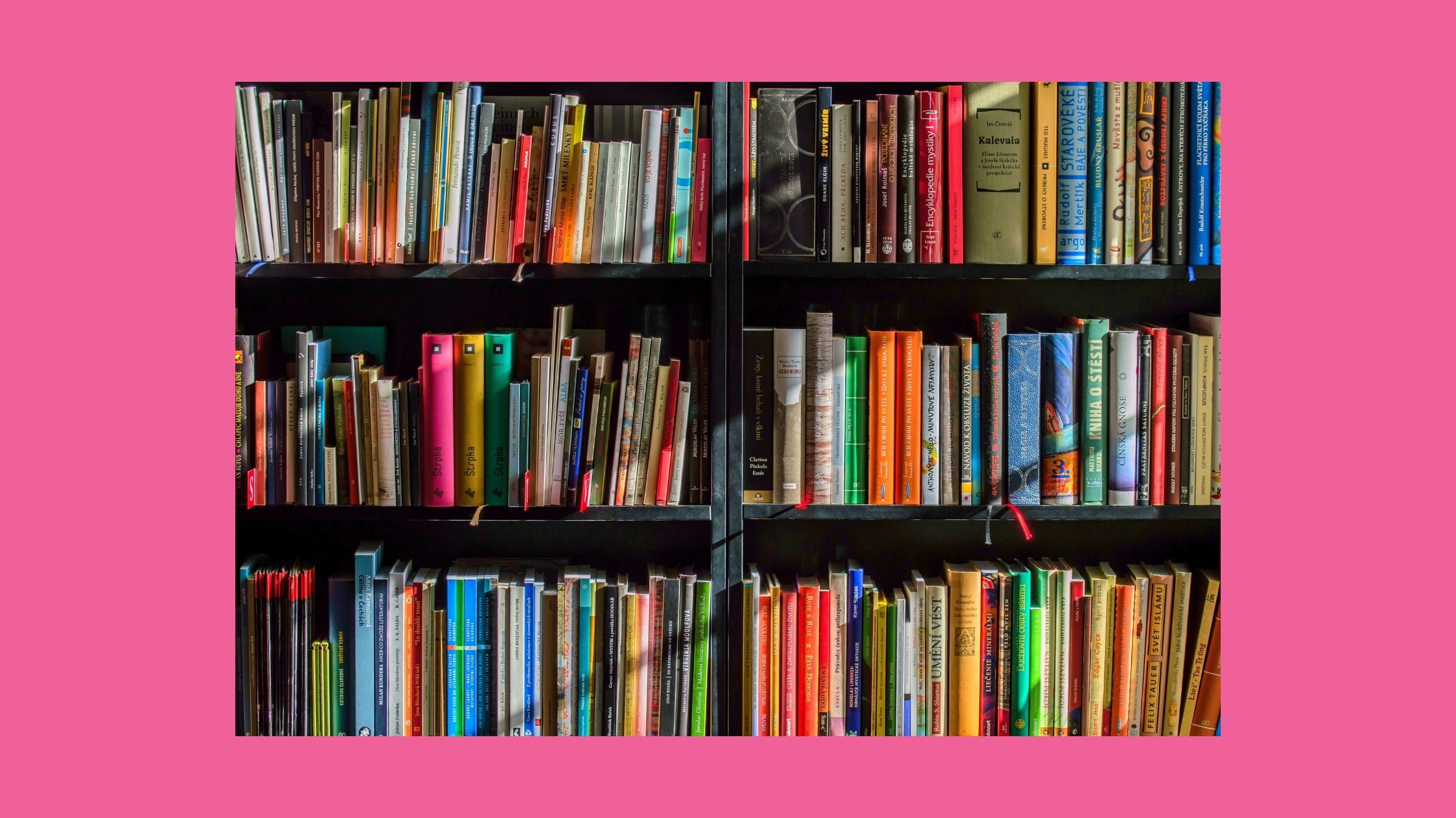 photo of books on a shelf on a pink background
