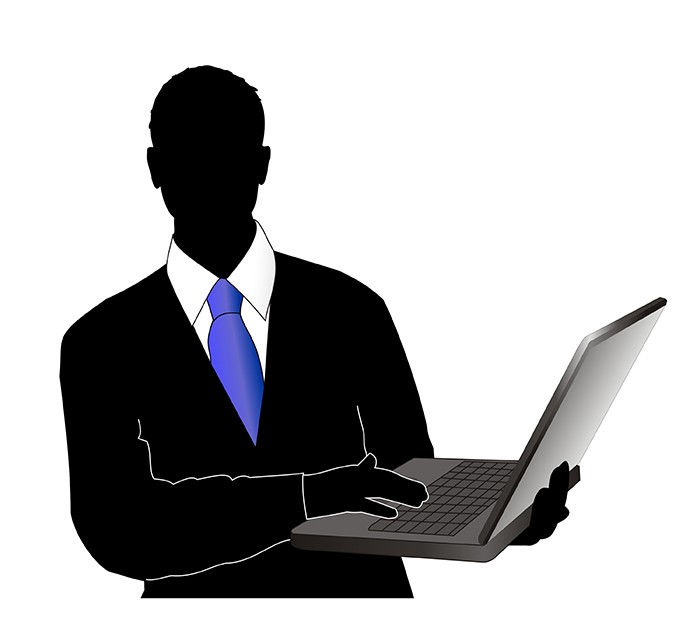 illustration man in suit holding computer