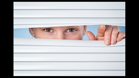 person looking through blinds