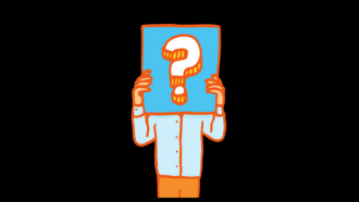 illustration of person holding a sign with a question mark - face is obscured by sign