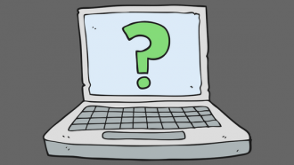illustration of a desk top computer with a question mark on the screen