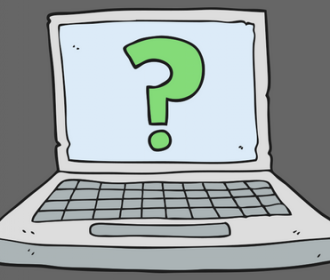 illustration of a desk top computer with a question mark on the screen