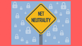 yield road sign that says net neutrality background of small white padlocks
