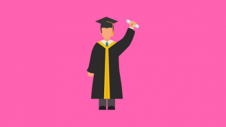 illustration of a figure in a cap and gown holding a diploma-like scroll