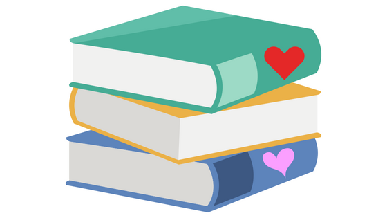 illustration of stack of books with hearts on bindings