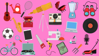 illustrations of various items that libraries are now lending (seeds, tools, sewing machines, etc.)