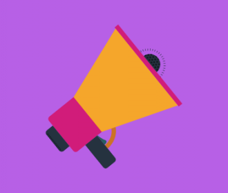 yellow and pink megaphone on purple background (illustration)