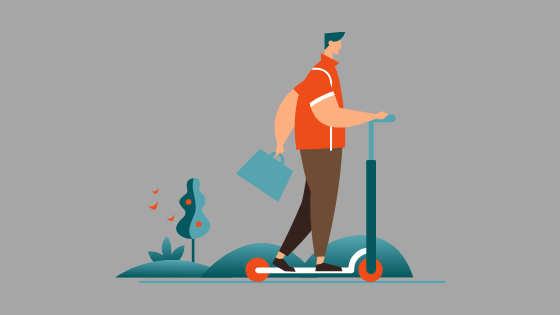 illustration of man on a stand-up scooter with a briefcase stylized trees and hills in background