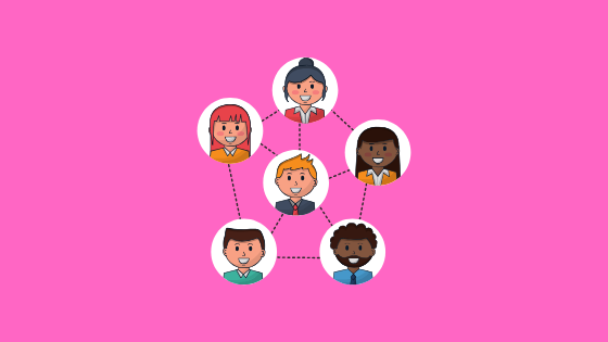 illustration of six faces connected by lines (networking)