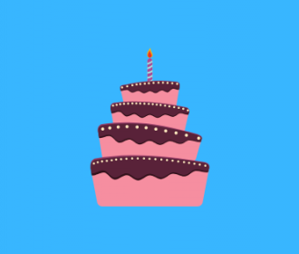 illustration of a pink and brown cake with one candle on top