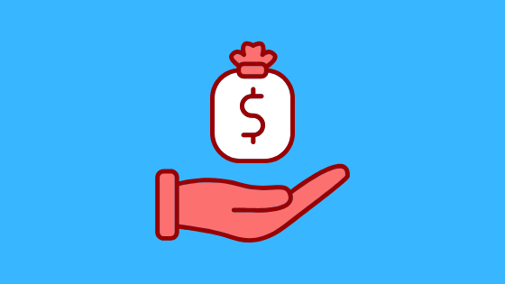 illustration of a white bag with a dollar sign on it above a red hand