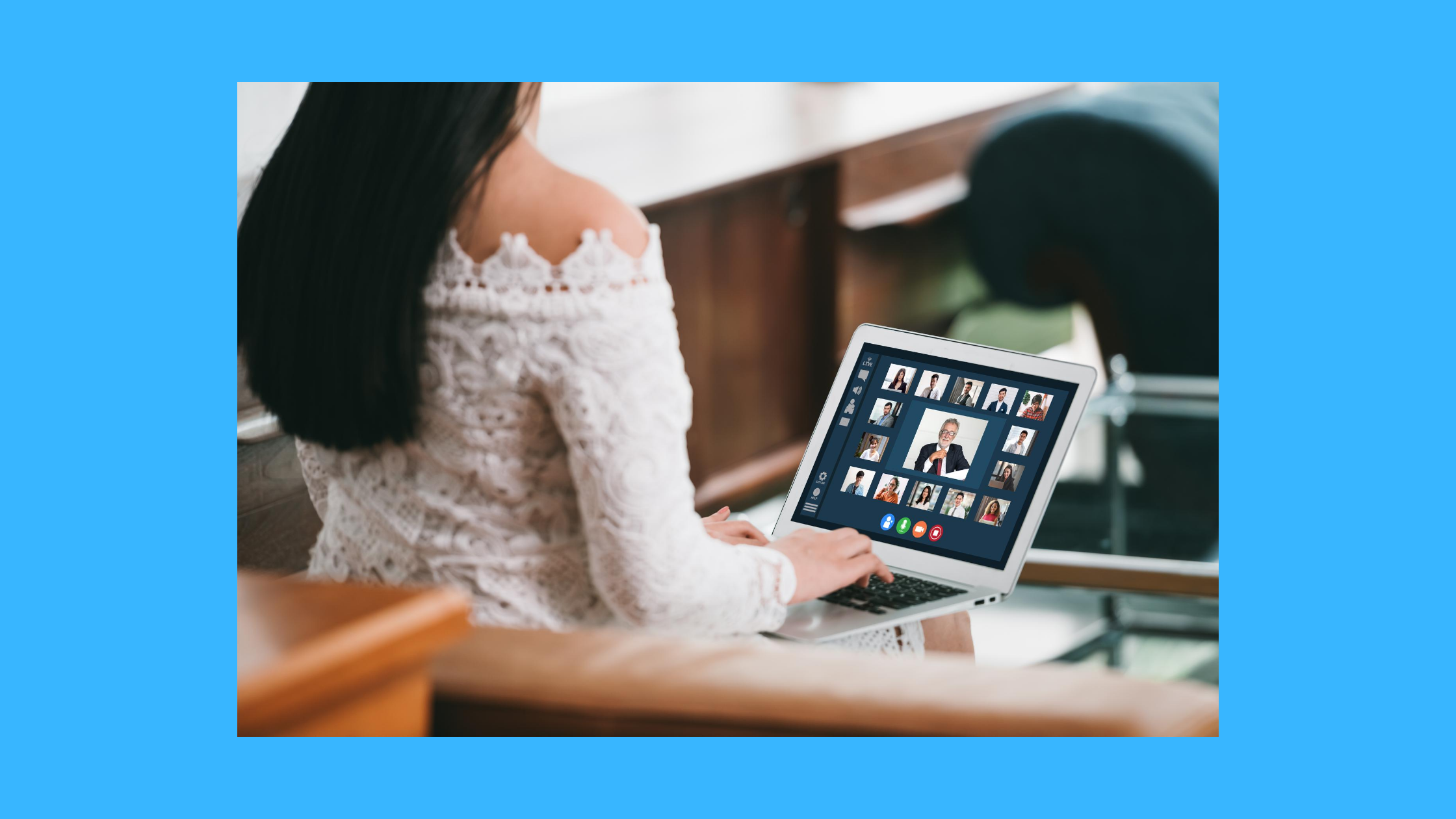 a woman with a laptop attending an online meeting