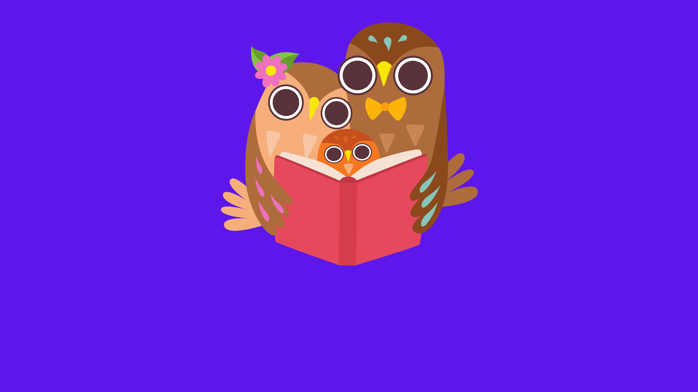 illustration of three owls (a family) reading
