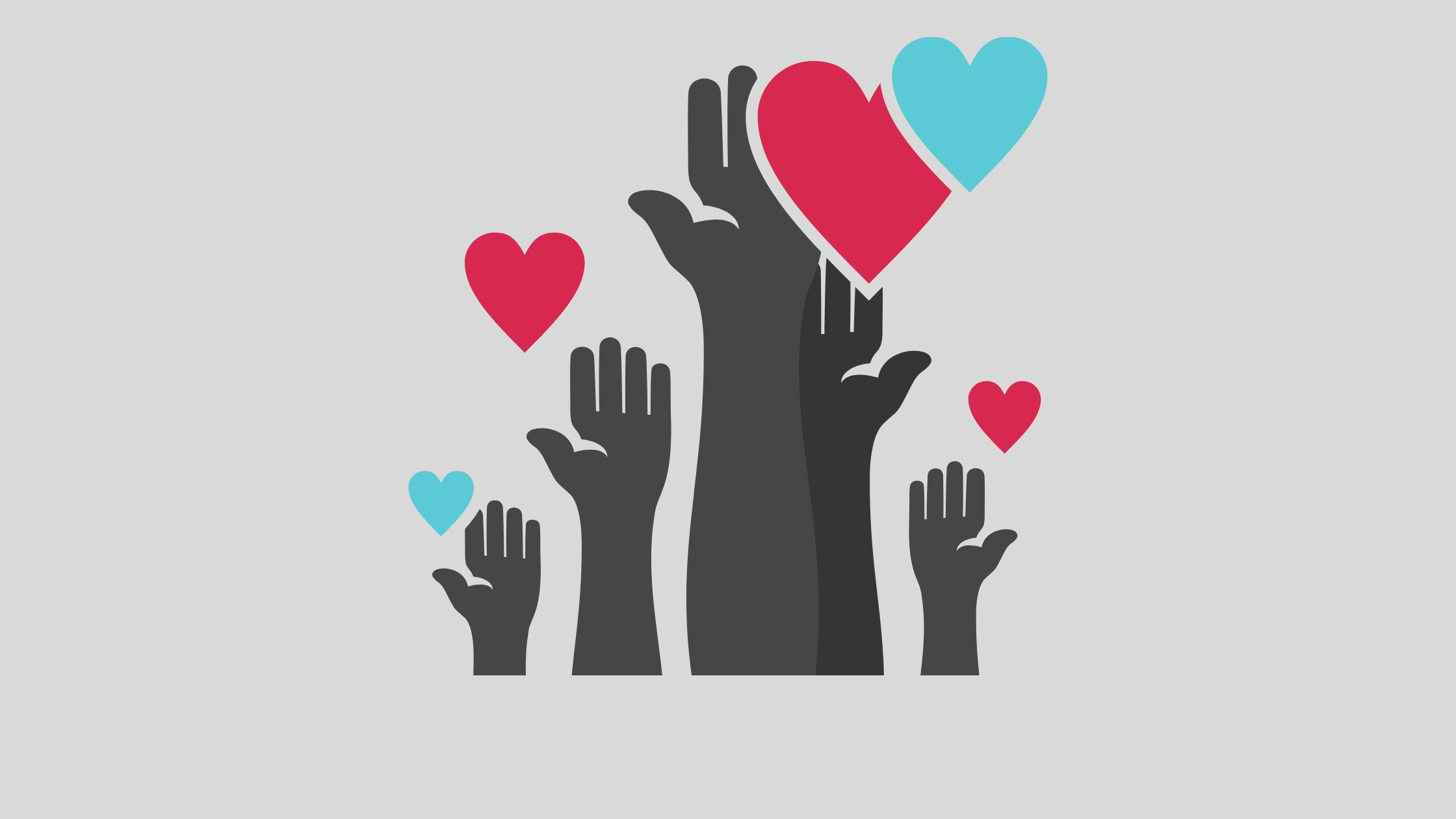 several hands reaching up with hearts