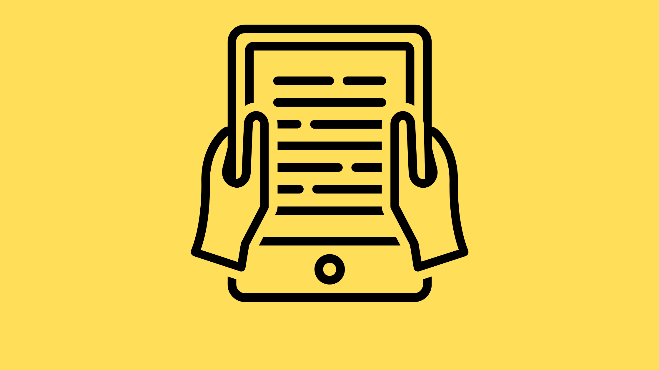 illustration of two hands holding an e-reader black on yellow background