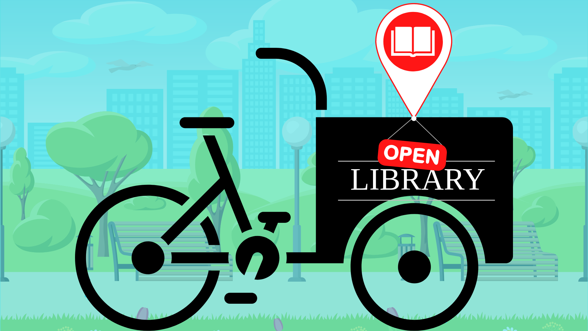 illustration of a bike with a library sign
