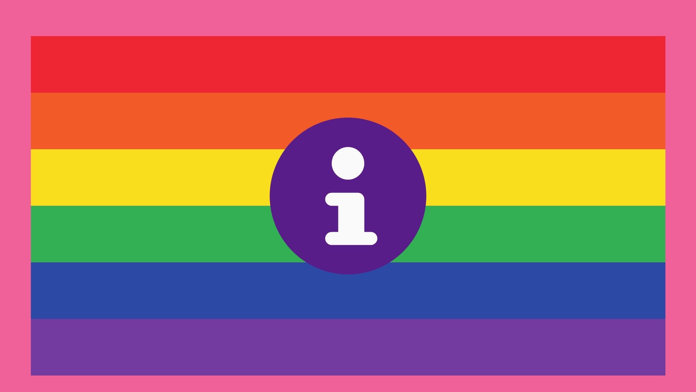 rainbow background with an i for infromation in a purple circle
