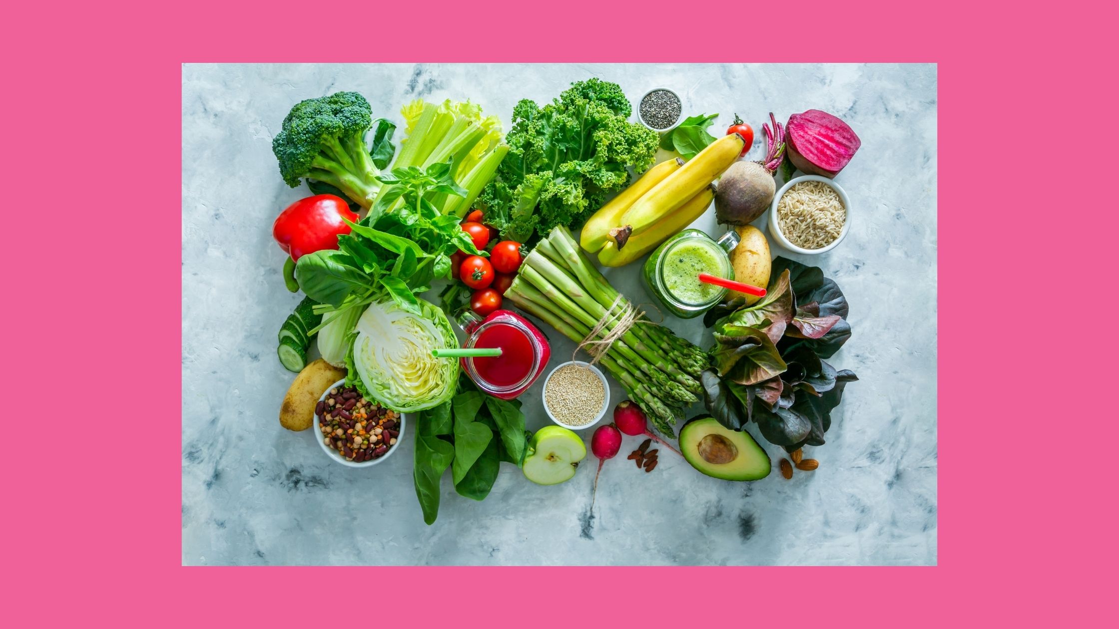 variety of fruits and vegetables on a cutting board