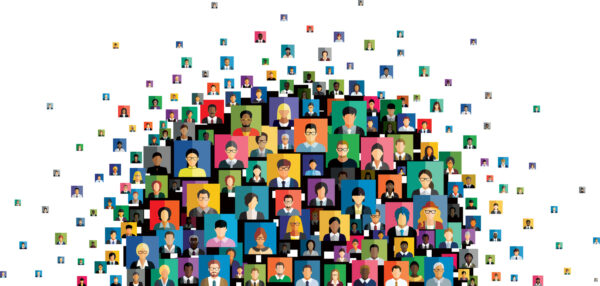 illustration: rounded made by faces in boxes like zoom