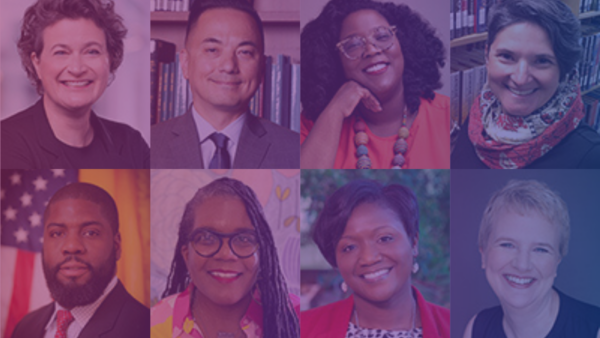 election candidates' headshots behind blue and purple transparent gradient.