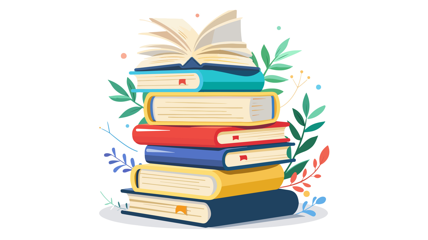 illustration of stack of books in a variety of colors with green red and blue ferns and plant leaves sticking out behind the stack