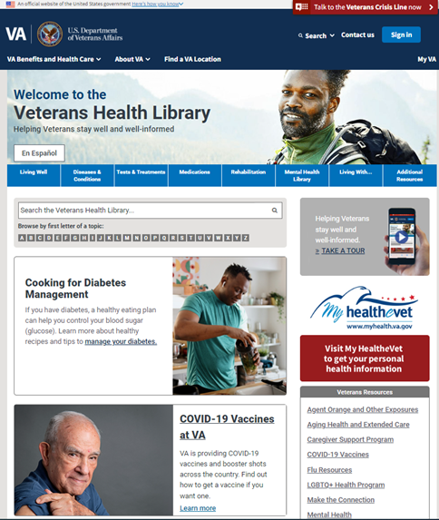 VA Veterans Health Library Website Homepage