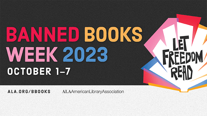 banned books week 2023 logo on a black background