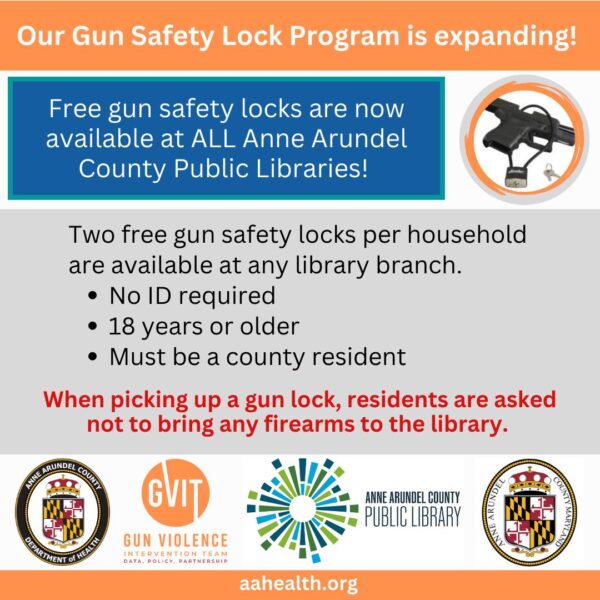 orange blue boxes with text - small image of a black gun with a lock around it logos of anne arund county, anne arundel county library and the gun violence intervention team at the bottom