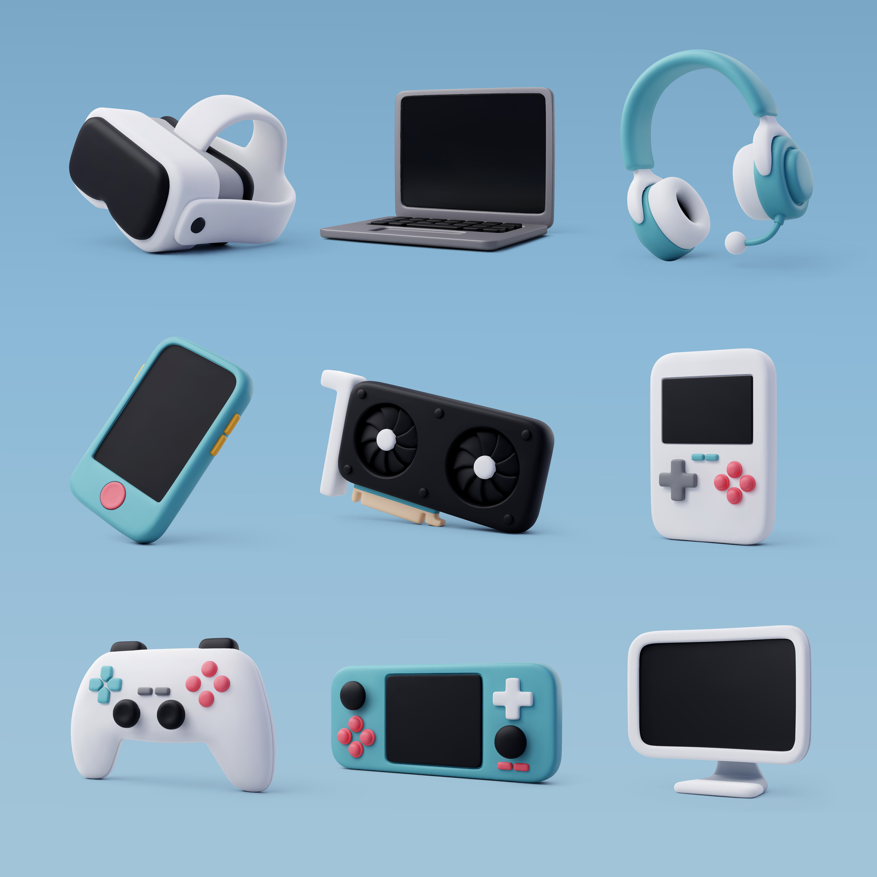 a variety of gaming implements including a controller, headphones, a laptop, and more