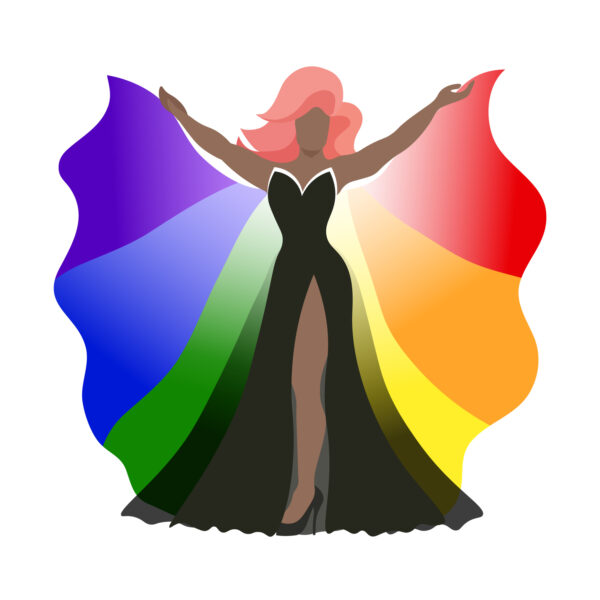 woman's figure clad in a black dress with a cloak in pride colors outstretched around her