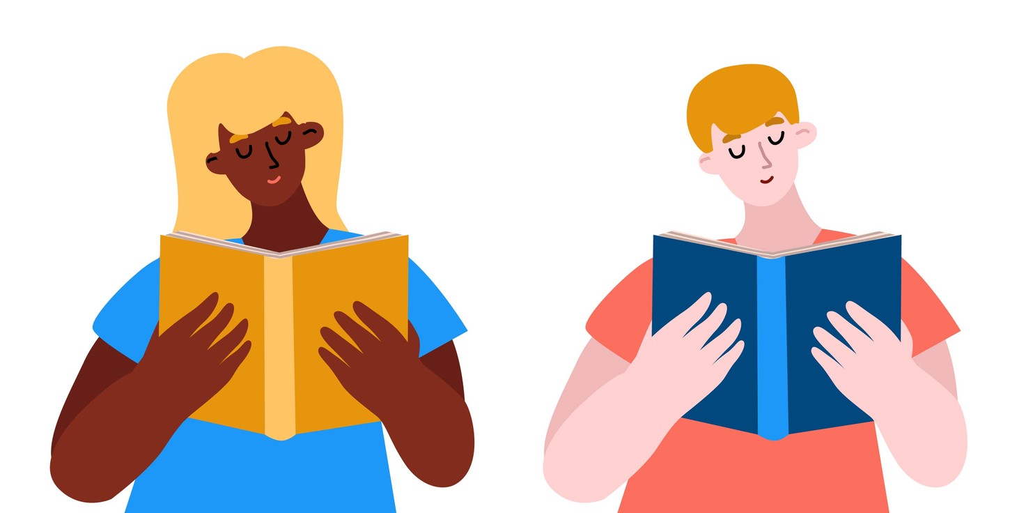 illustration of two people reading next to each other - holding books