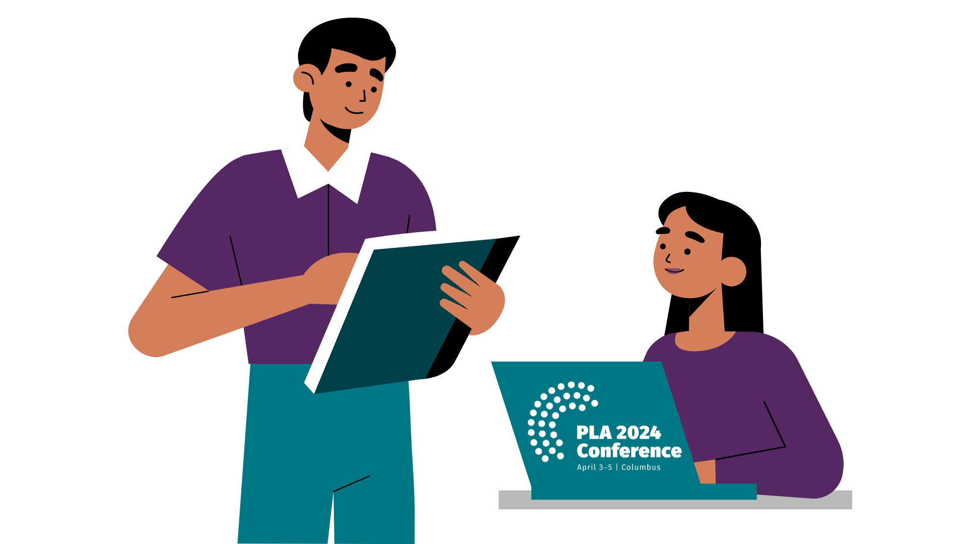 Illustration of two people wearing purple and blue clothing. One person is standing and holding a book. The other person is sitting holding a laptop with the PLA 2024 Conference logo.