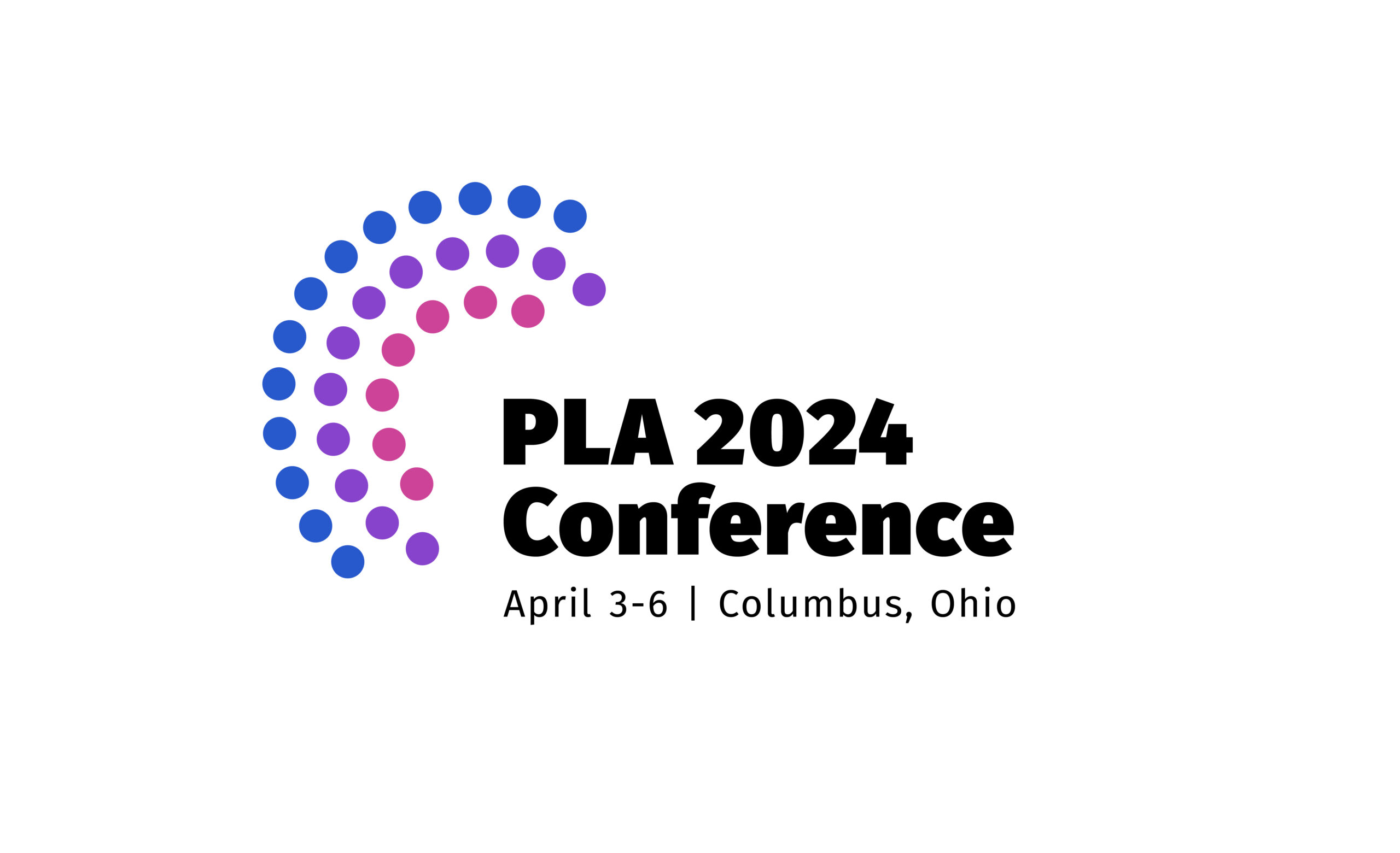 Three half circles spooned inside each other first pink, then purple, then blue next to the words pla 2024 conference in black