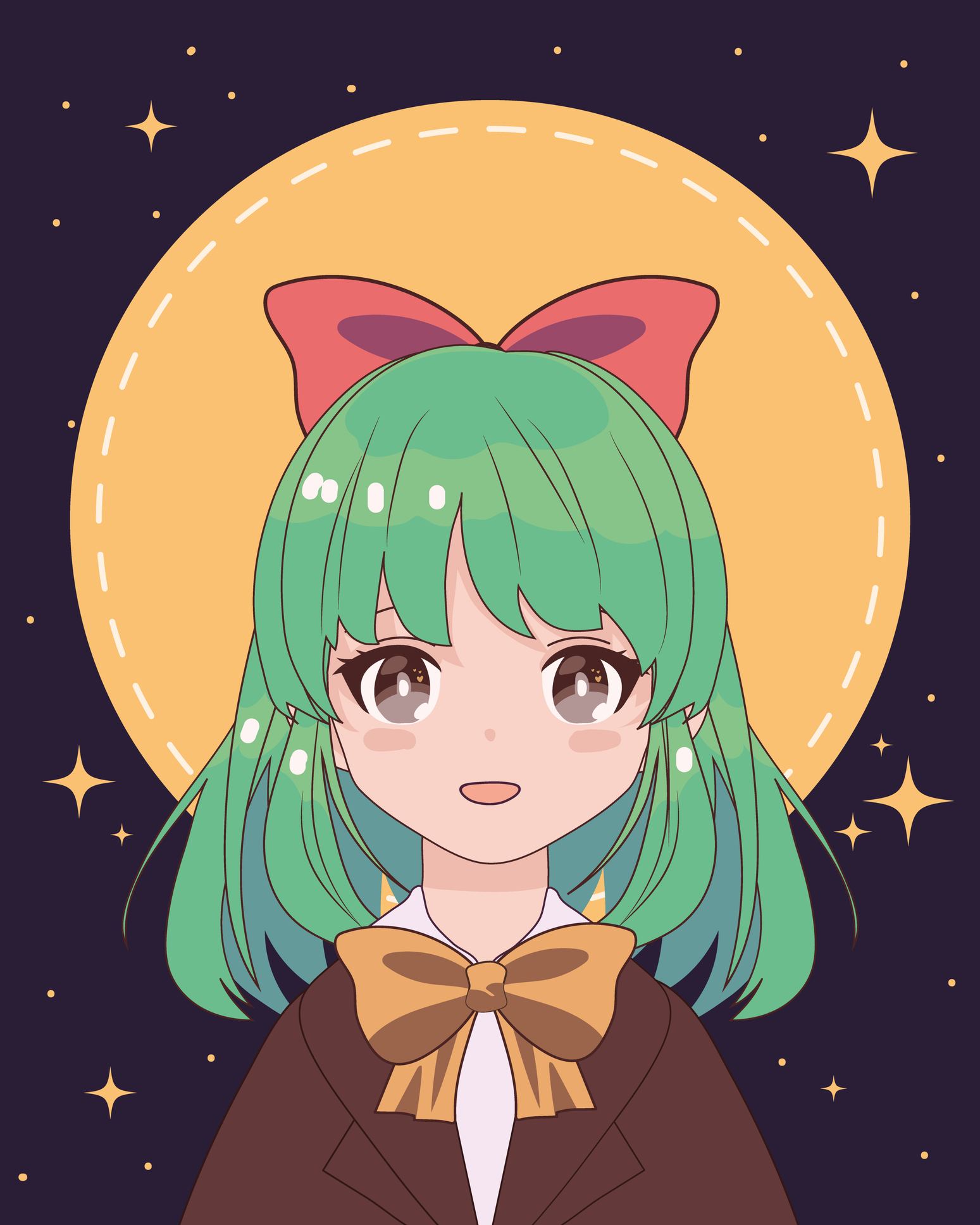 manga style girl with long green hair a bow tie and a bow in her hair she is standing in front of a yellow full moon and a starry sky