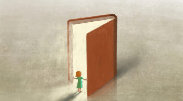 illustration of small person or child in a green dress standing before and holding open a giant brown book with a light emanating from within the book