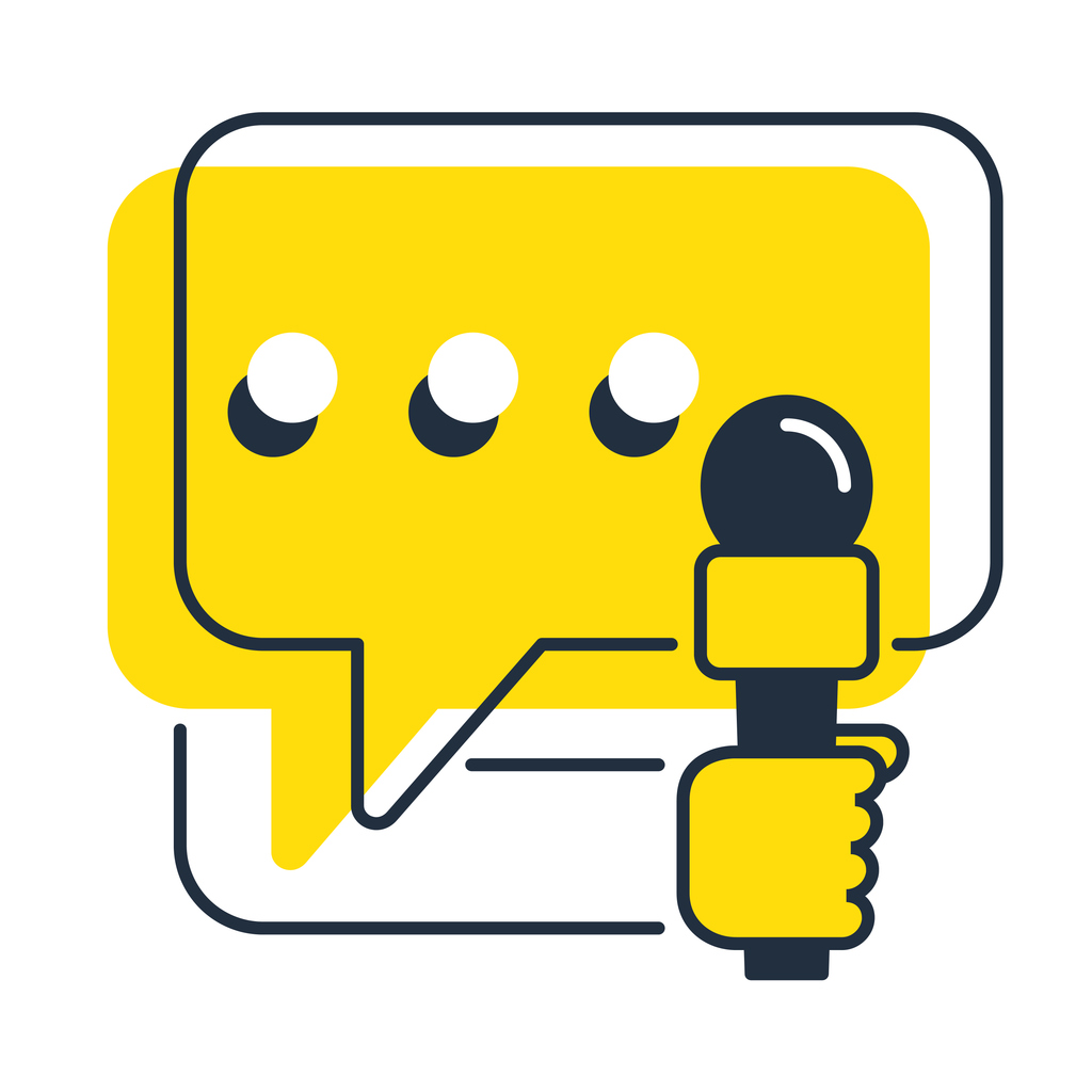 yellow and black illustration of a talk bubble with three dots and a hand holding a black microphone