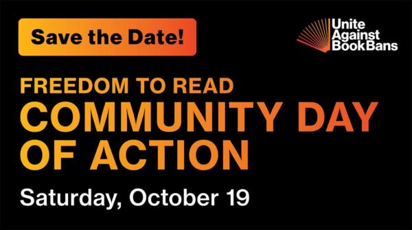 Community Day of Action in orange against a black background