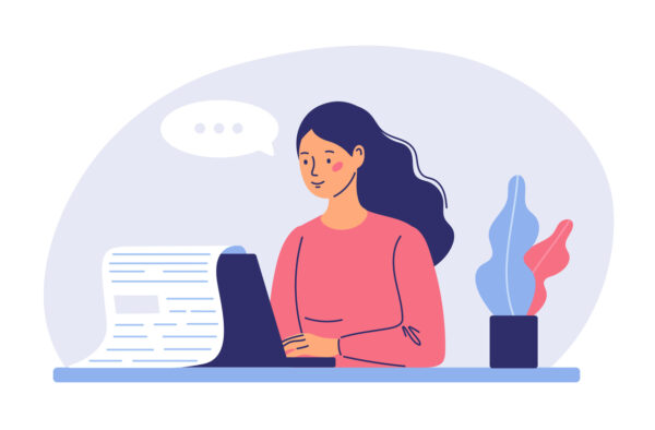 illustration of a woman sitting at a computer typing, paper is coming out of the top of her computer and a thought bubble appears near her head.