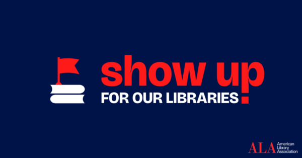 show up for our libraries logo in red and white over a blue background - small red flag illustration to the left of the logo